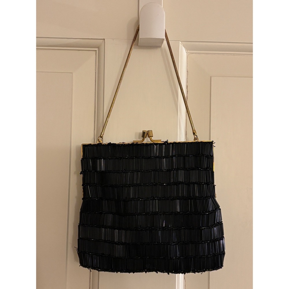 Vintage Black Bugle Bead Evening Bag Gold Kiss Lock Made in Hong Kong 1950s 60s